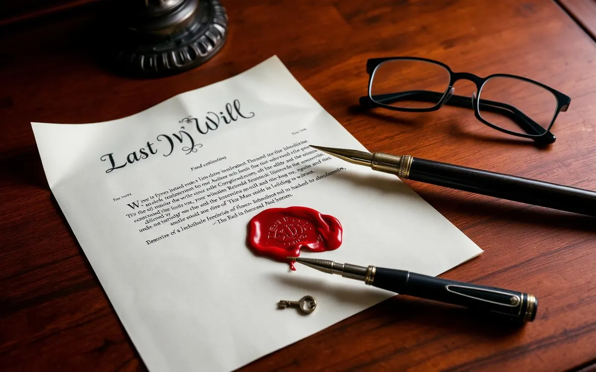 ร่างพินัยกรรม (Last Will and Testament) พร้อมตราครั่งแดง ปากกาหมึกซึม แว่นตา และกุญแจเก่า