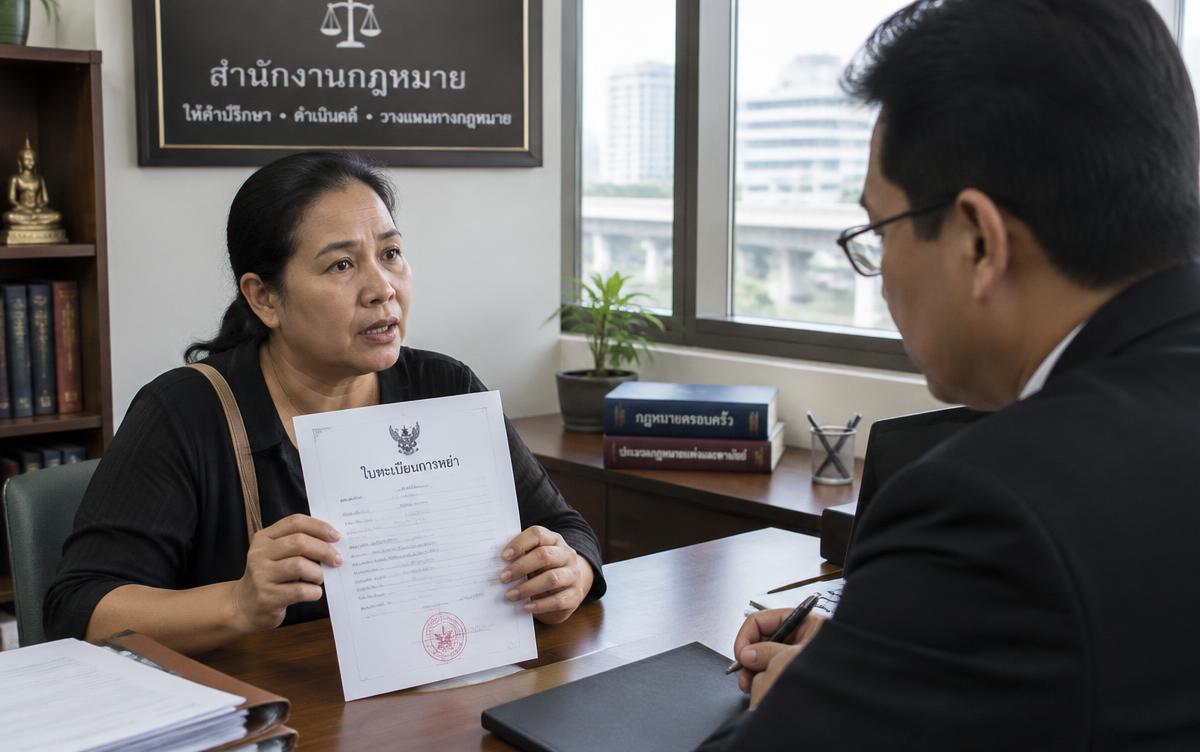 Thai woman holding a divorce registration document talking with a lawyer