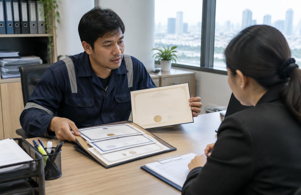 Thai technician showing training certificates to a document officer