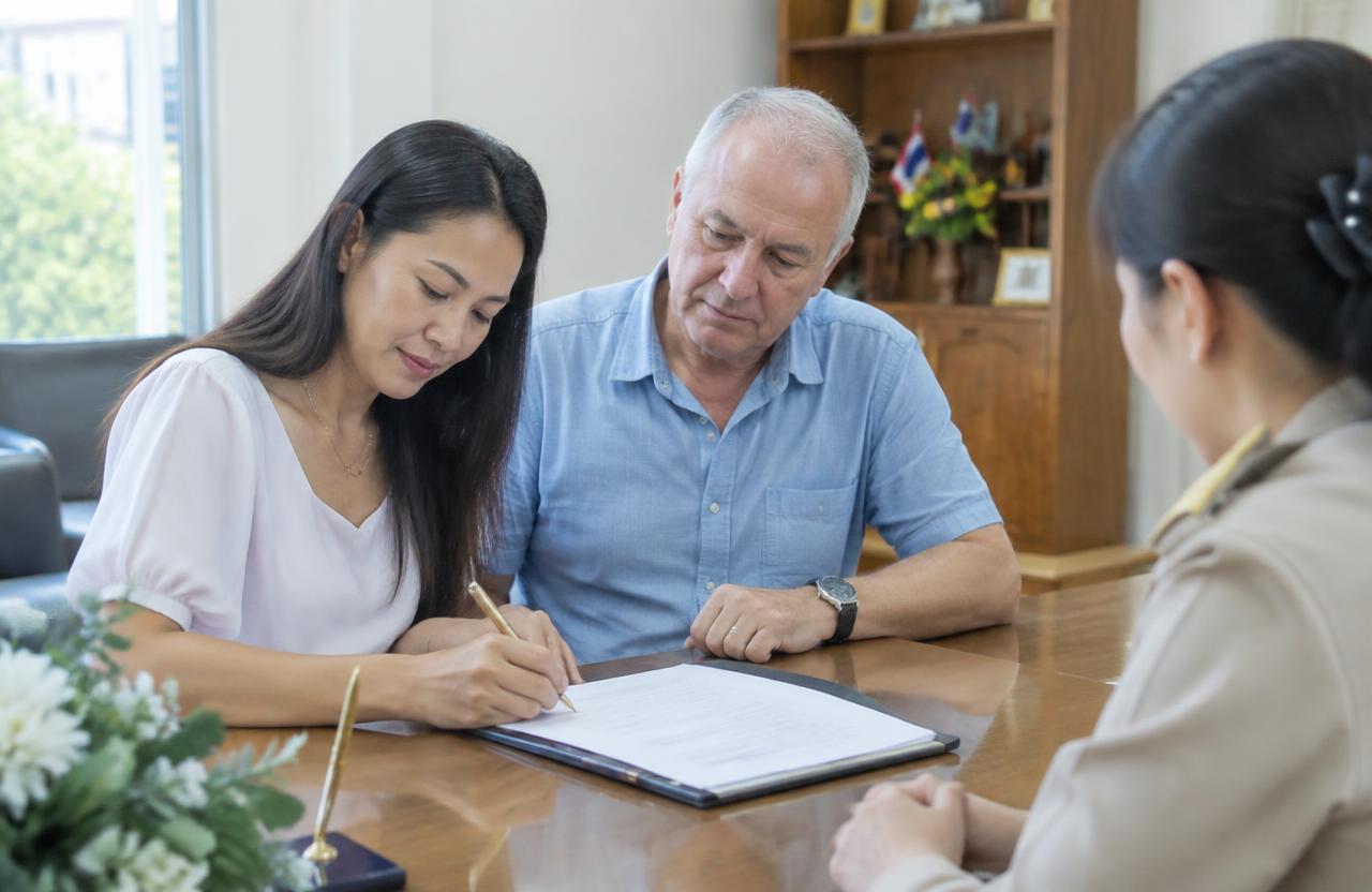 Thai woman and European husband signing family documents