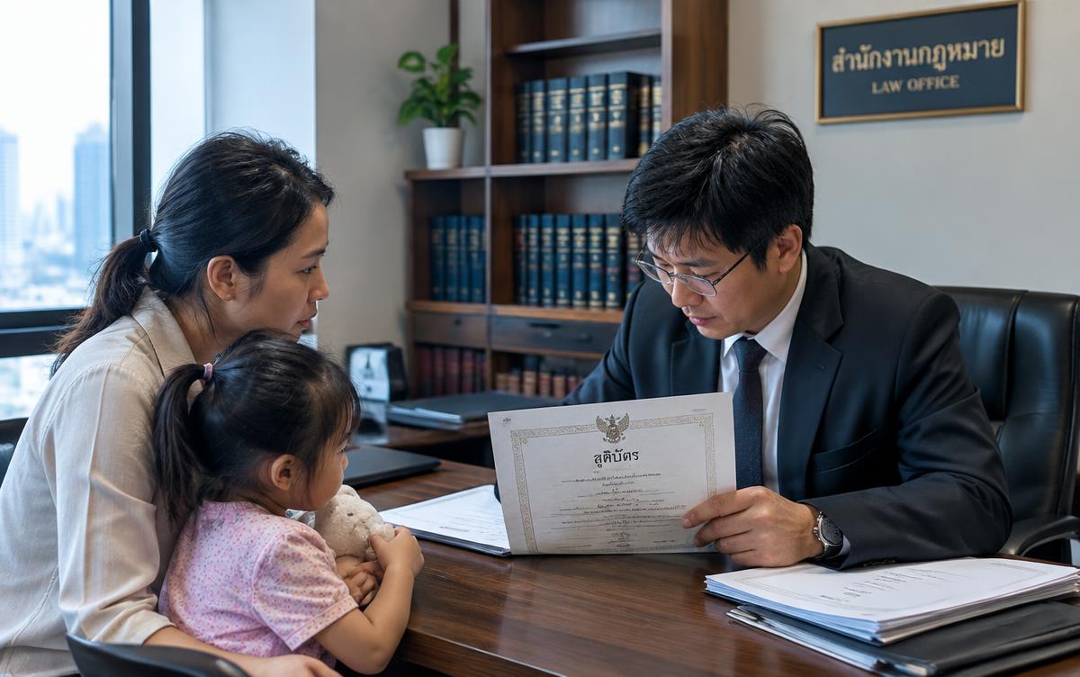 Thai mother and child meeting a lawyer to review a birth certificate
