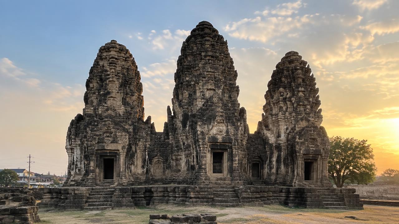 พระปรางค์สามยอด โบราณสถานศิลปะขอมสามองค์ในลพบุรี ยามแสงเย็น