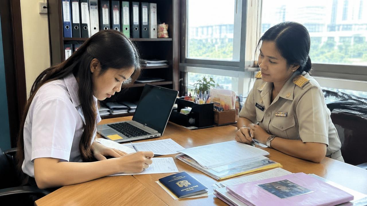 Thai student completing a Malaysian university application with staff