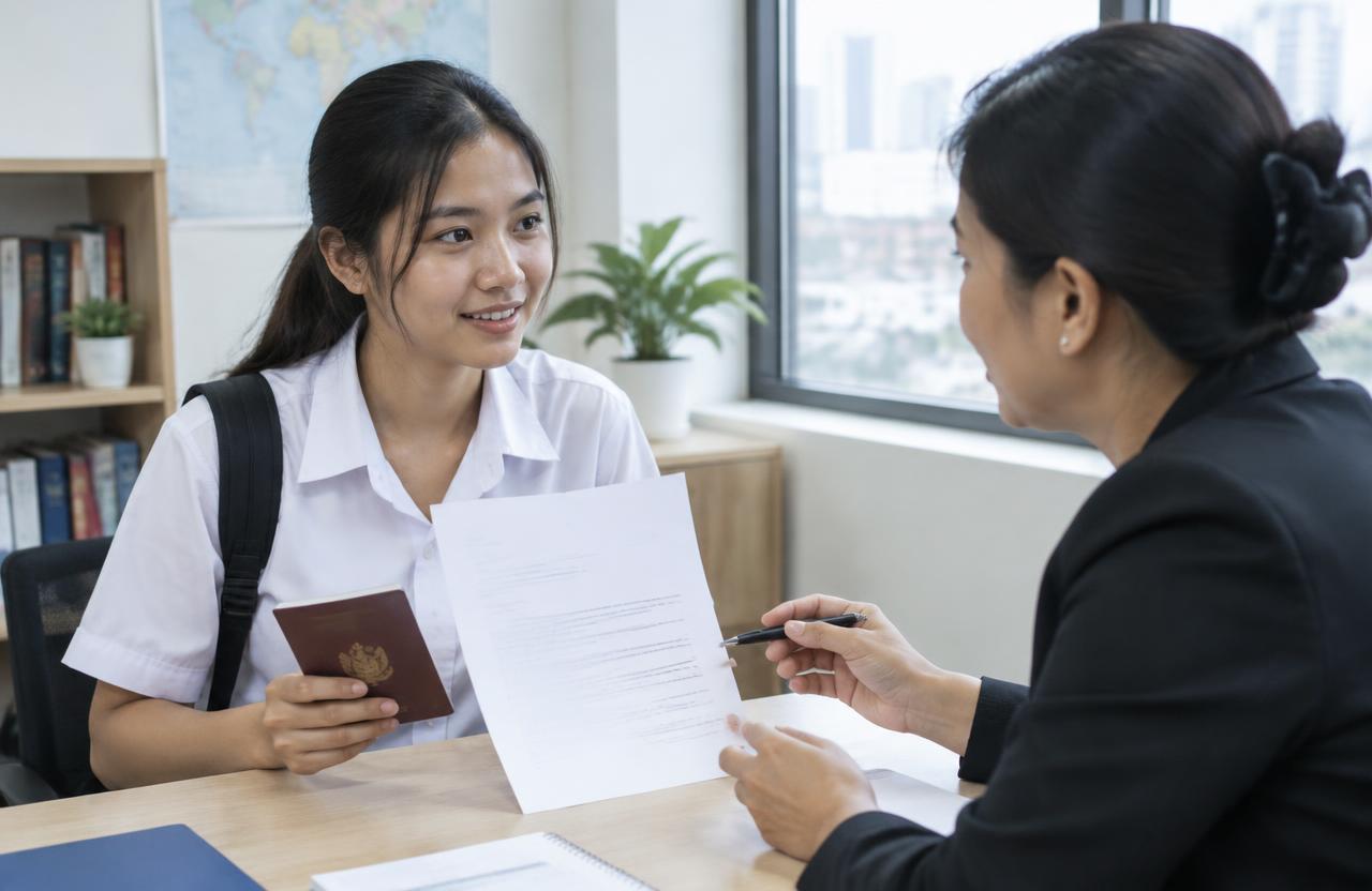 Thai student holding a language-school acceptance letter and passport