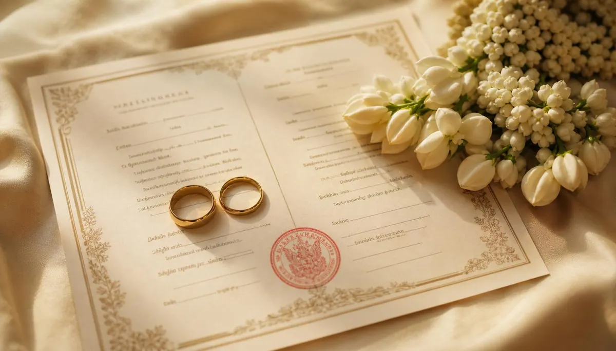 จดทะเบียนสมรสในไทยสำหรับคู่ต่างชาติ — แหวนแต่งงานทองคู่บนทะเบียนสมรสไทย-อังกฤษกับดอกมะลิ