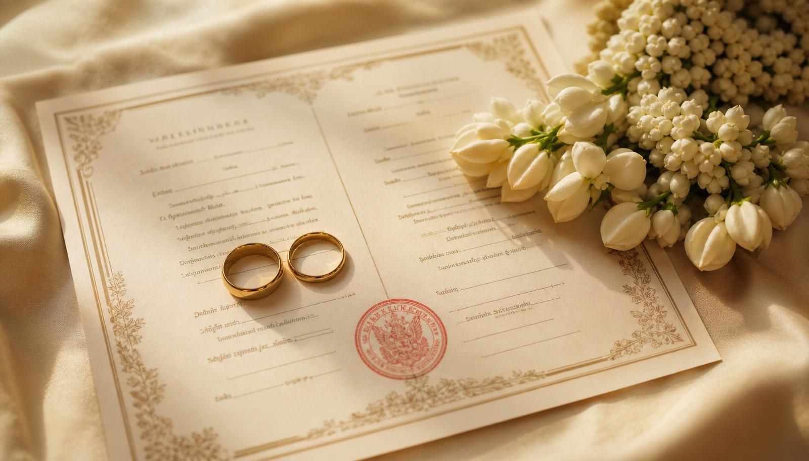 จดทะเบียนสมรสในไทยสำหรับคู่ต่างชาติ — แหวนแต่งงานทองคู่บนทะเบียนสมรสไทย-อังกฤษกับดอกมะลิ