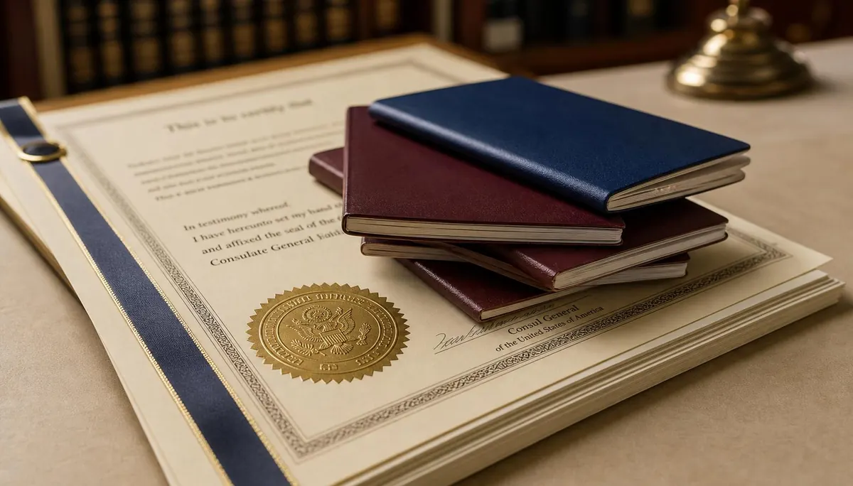 MFA legalization for foreign documents in Thailand — stacked passports on gold-sealed consular certificate