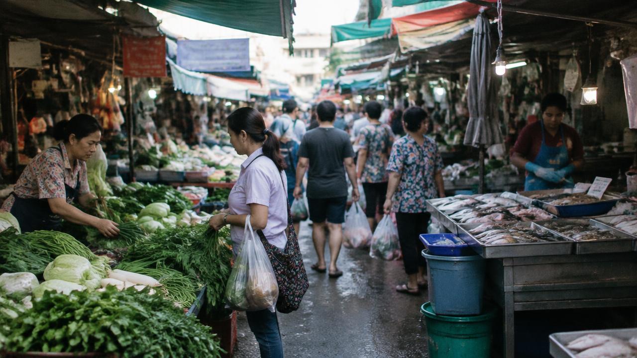 แม่ค้าขายผักและปลาในตลาดสด มีผู้ซื้อถือถุงเดินผ่าน ยามเช้า
