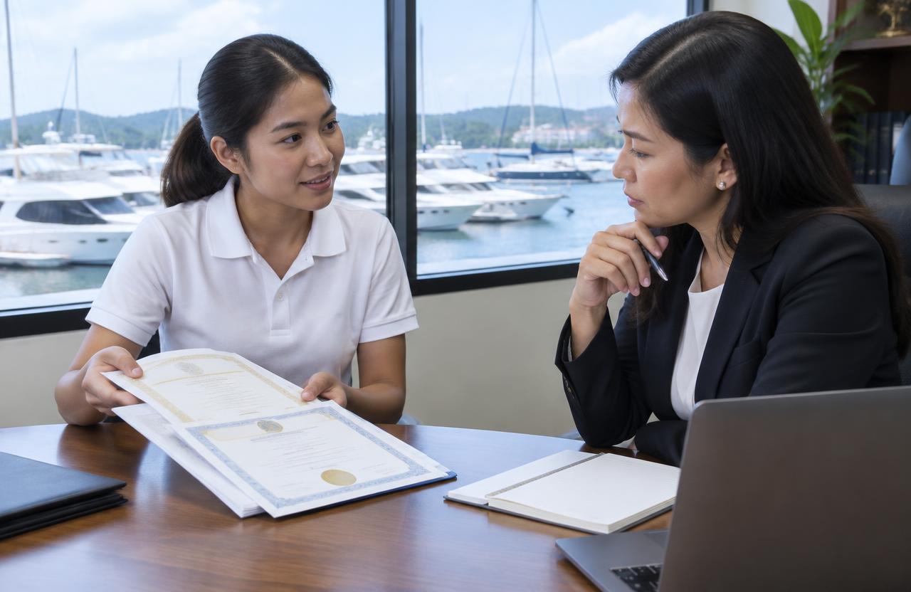 Thai yacht crew member showing training certificates to a lawyer