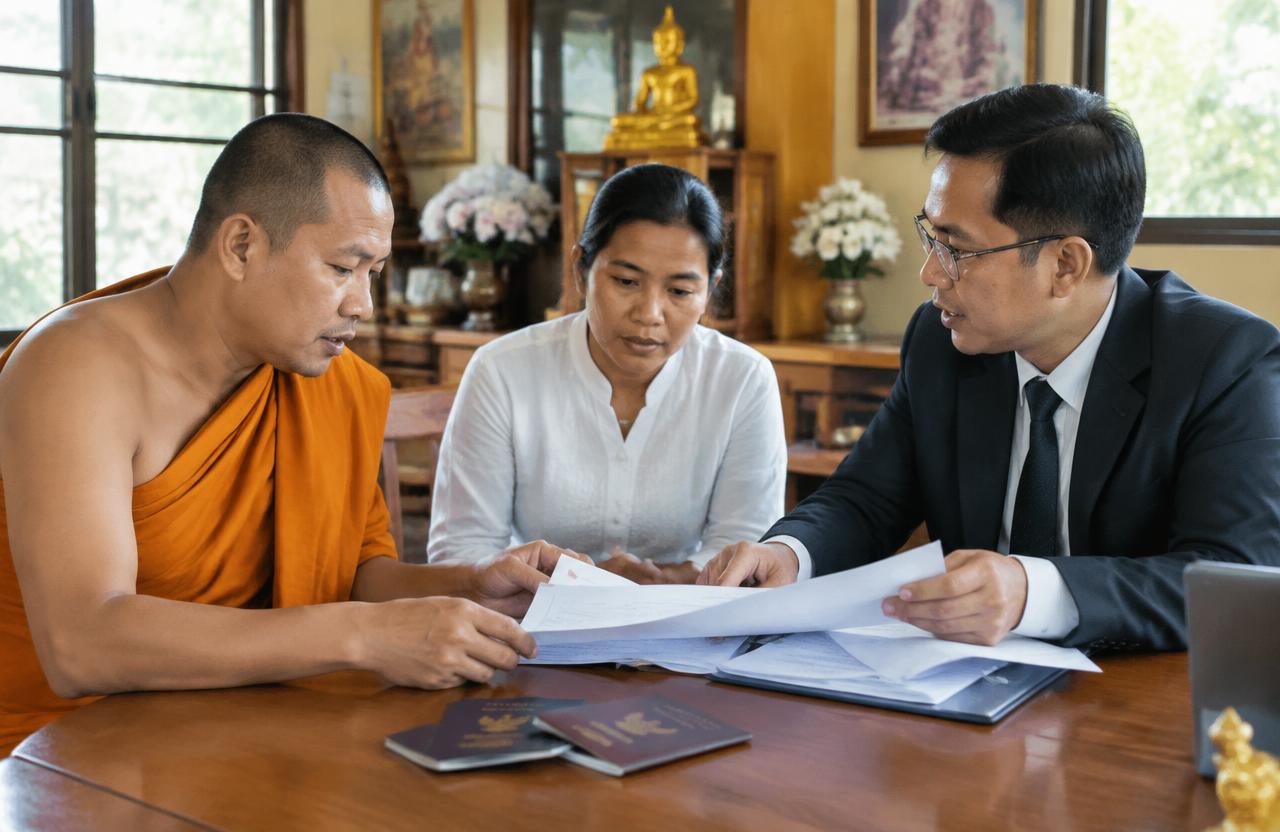 Thai monk and companion reviewing travel documents with a lawyer