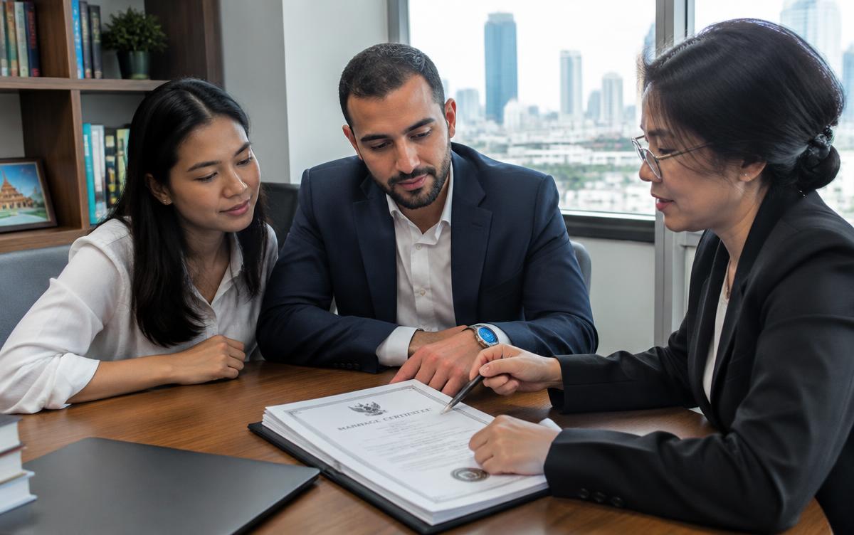 Thai woman and Moroccan husband reviewing a marriage certificate with a lawyer