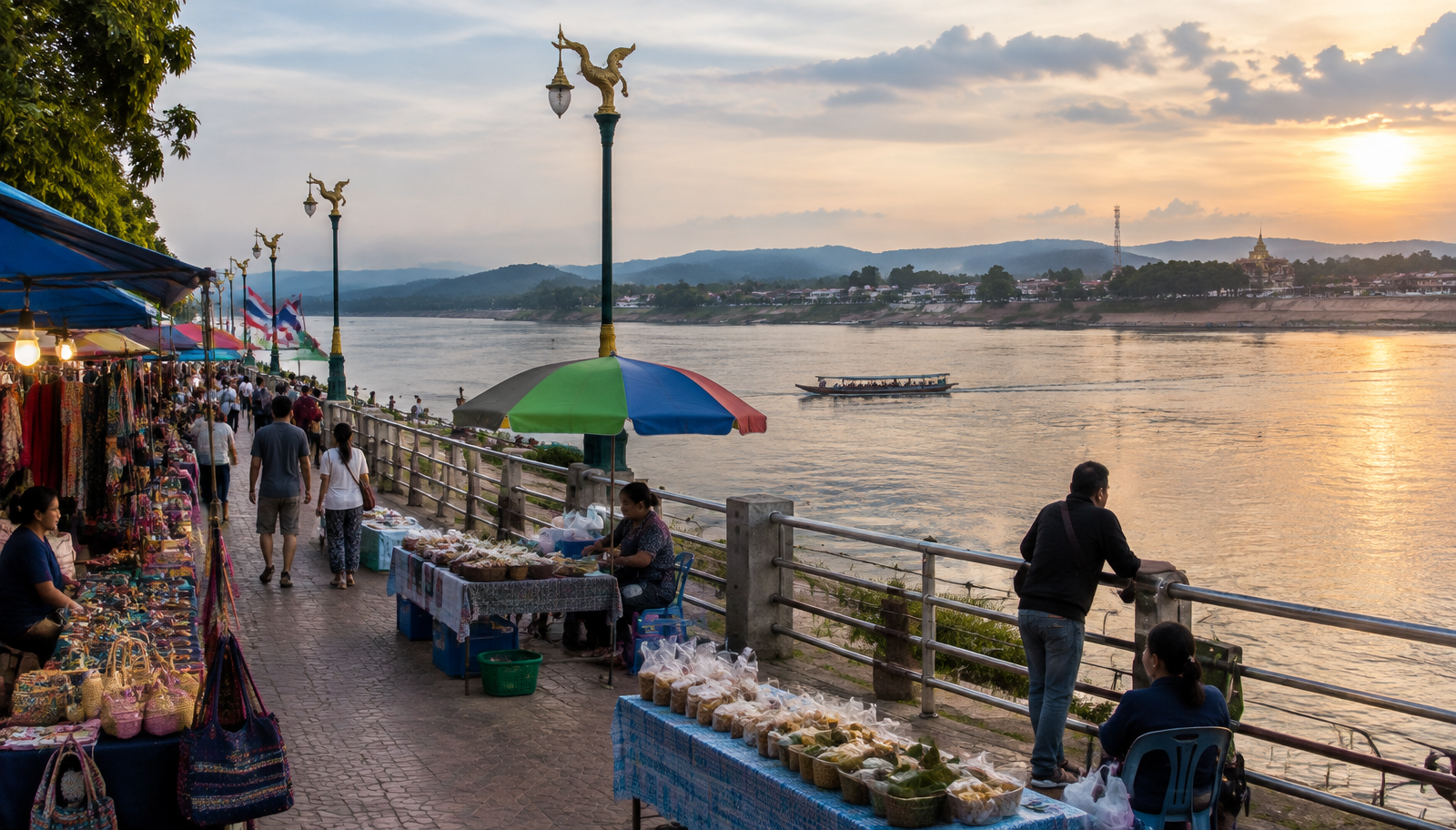 ริมแม่น้ำโขงที่มุกดาหารยามเย็น มีร้านค้าริมน้ำและเรือข้ามฟาก มองเห็นฝั่งลาว