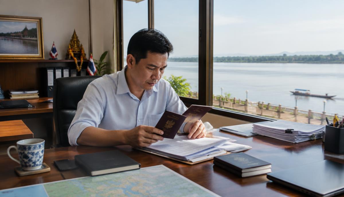 ผู้ประกอบการค้าในนครพนมตรวจหนังสือเดินทางในสำนักงานริมโขง