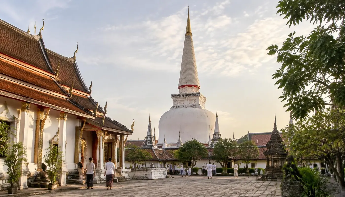 เจดีย์สีขาวทรงระฆังในวัดเก่า มีผู้แสวงบุญเดินในลานวัด