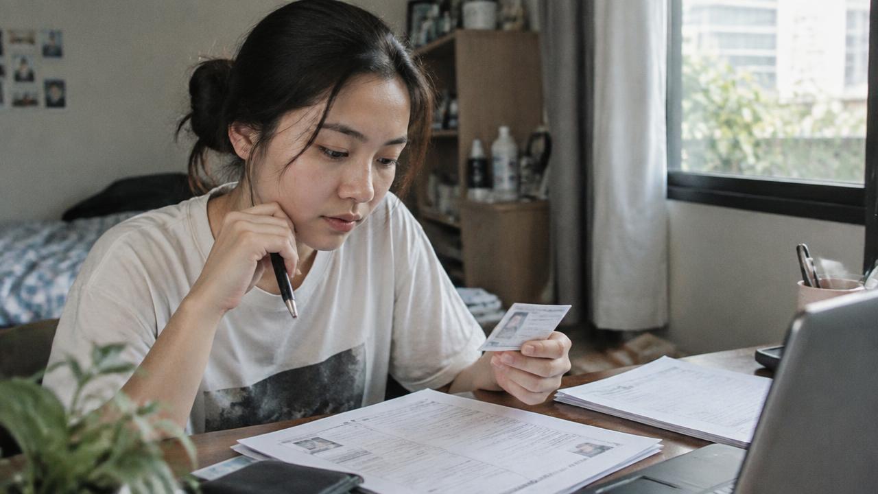 หญิงสาวชาวไทยเทียบสำเนาบัตรเดิมกับเอกสารชุดใหม่ที่โต๊ะทำงานในบ้าน