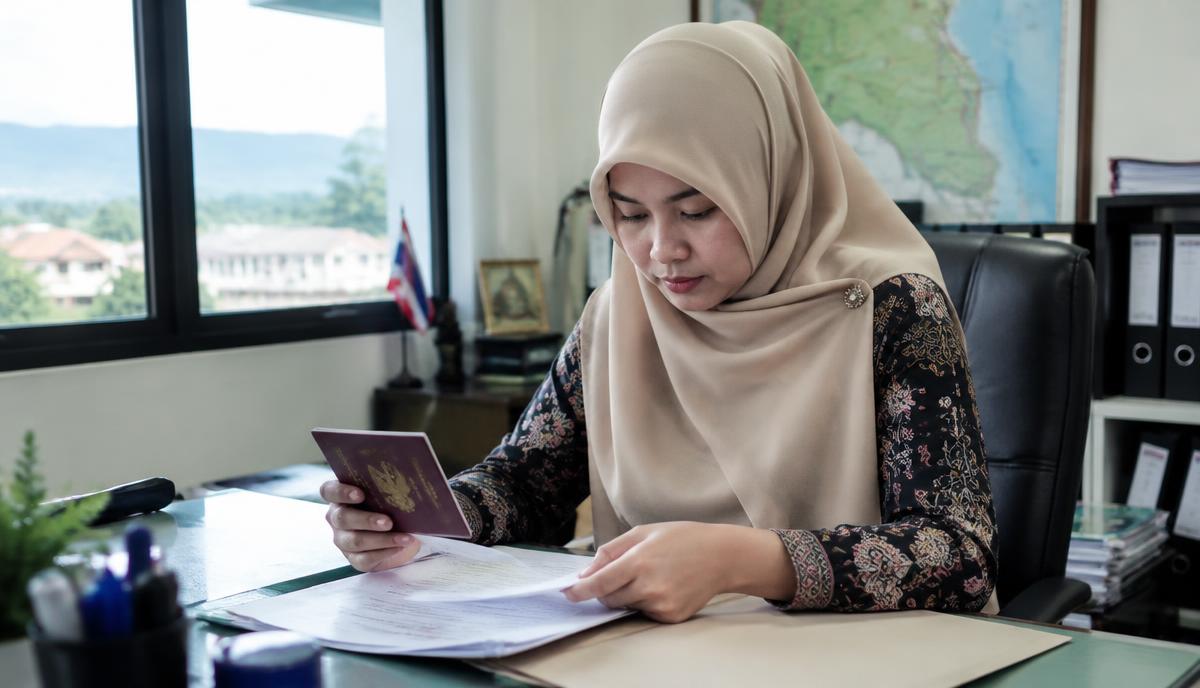 นักธุรกิจหญิงในนราธิวาสตรวจหนังสือเดินทางและเอกสาร
