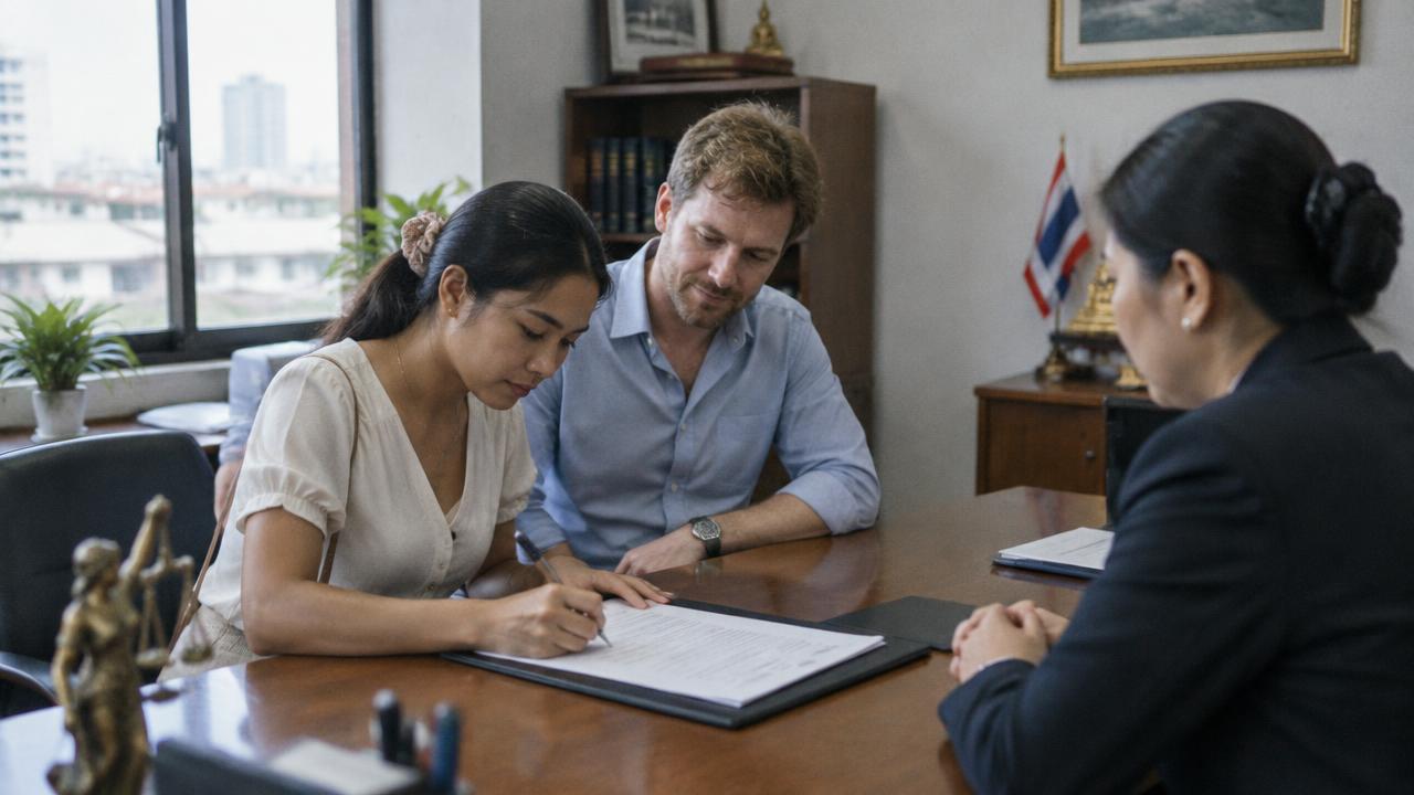 Thai woman signing in front of a lawyer with her Dutch husband beside her