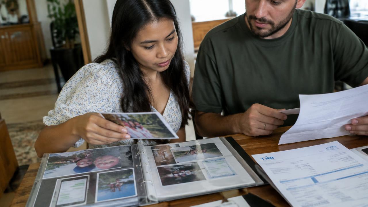 Couple organising photos and relationship evidence for a New Zealand partner visa