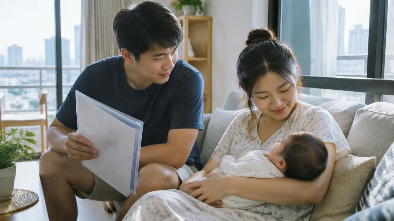 พ่อแม่ชาวไทยกับลูกแรกเกิดในคอนโด คุณพ่อถือแฟ้มเอกสารใส