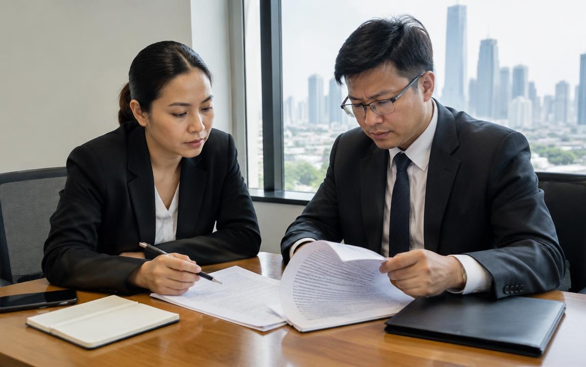 Thai sales manager reviewing a distribution agreement with a lawyer
