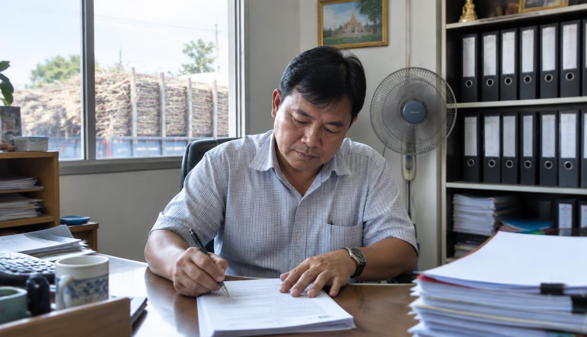 นักธุรกิจค้าอ้อยในหนองบัวลำภูลงนามเอกสารในสำนักงาน