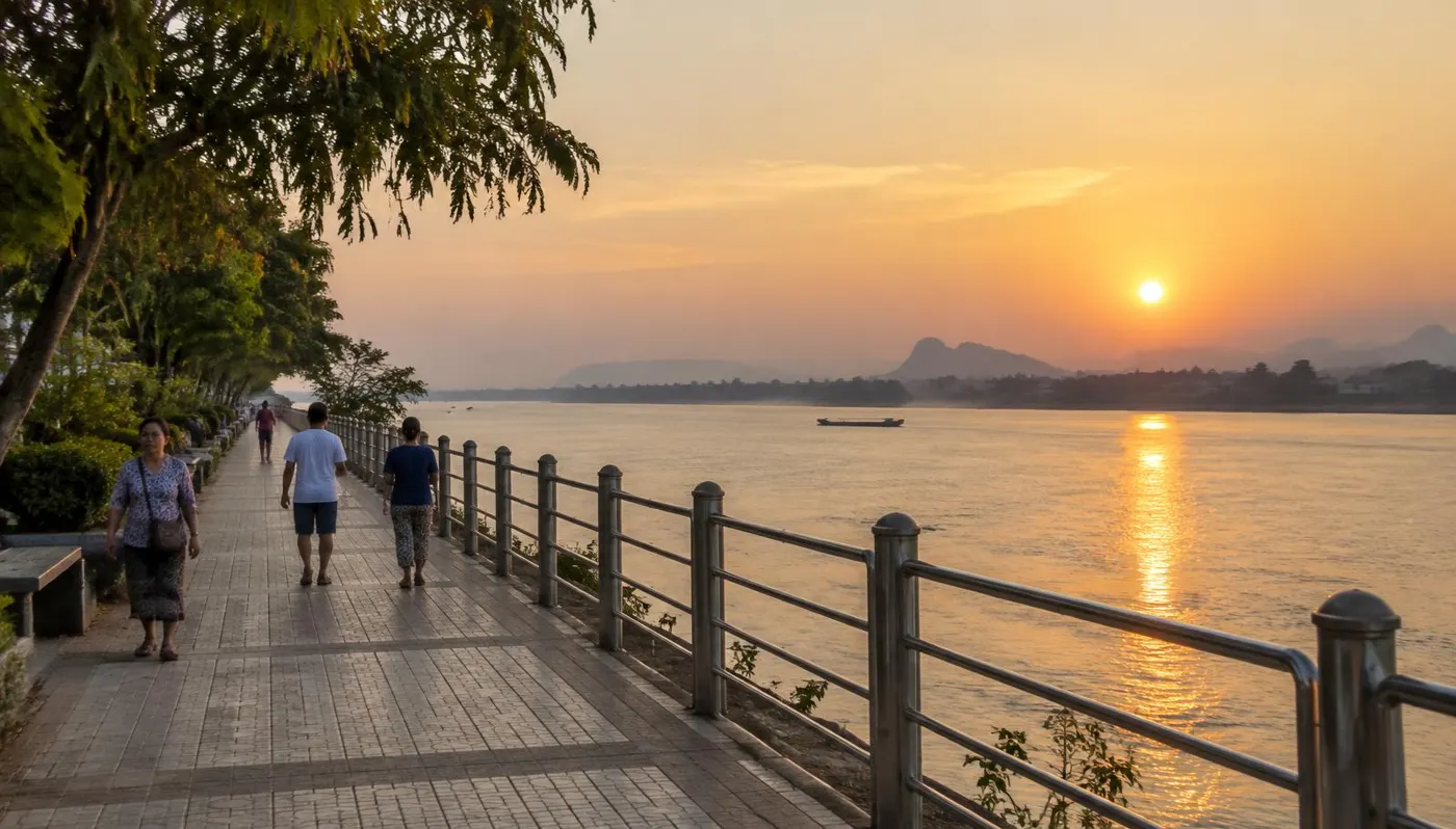 ทางเดินริมแม่น้ำโขง หนองคาย ยามพระอาทิตย์ตก มองเห็นฝั่งลาว