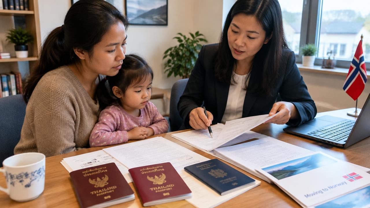 Thai mother and child reviewing family documents before moving to Norway