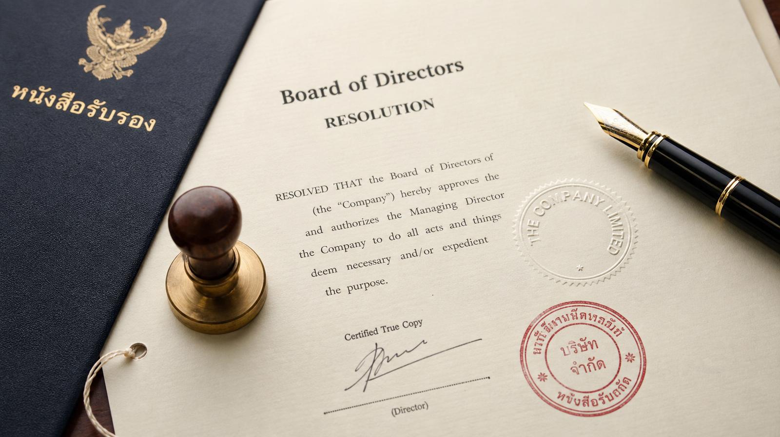 Notary Public รับรองมติคณะกรรมการบริษัท (Board of Directors Resolution) พร้อมตราประทับบริษัทและปากกาหมึกซึม
