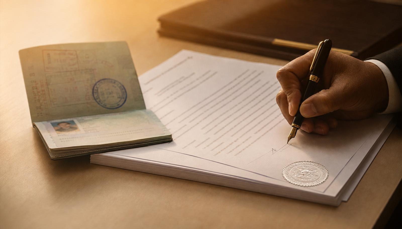 Notary Public certifying an English affidavit next to a foreign passport with embossed silver seal