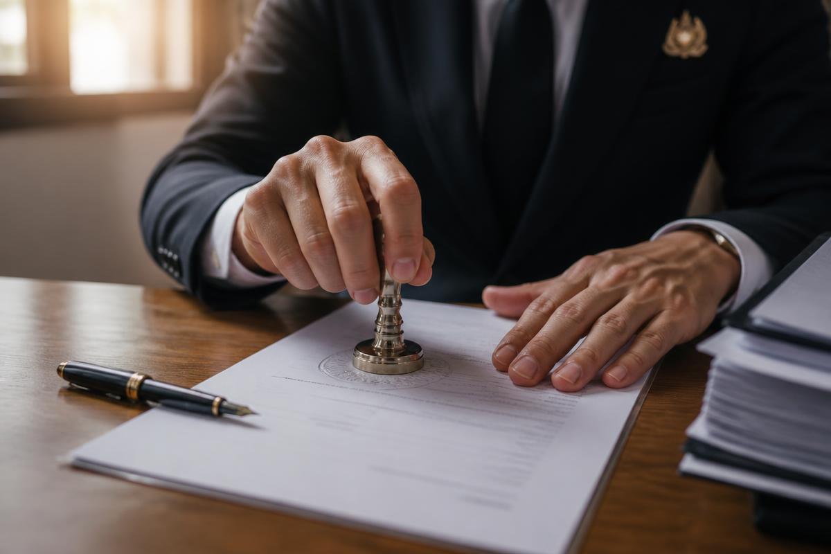 ทนายความ Notary Public ประทับตรารับรองเอกสารบนโต๊ะทำงาน