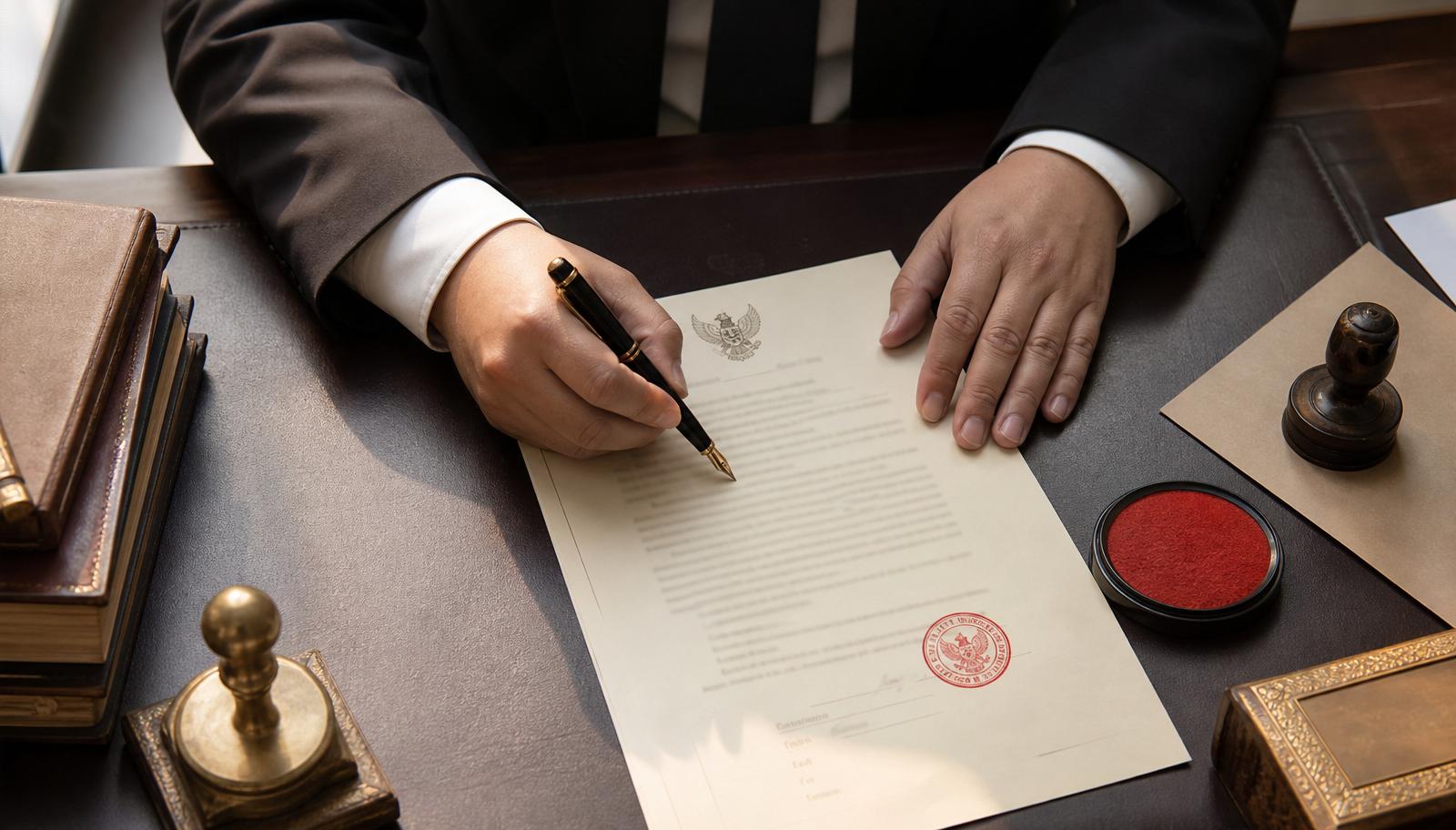 ทนาย Notary Public รับรองลายมือชื่อบนเอกสารภาษาไทย พร้อมตราประทับแดงและปากกาหมึกซึม