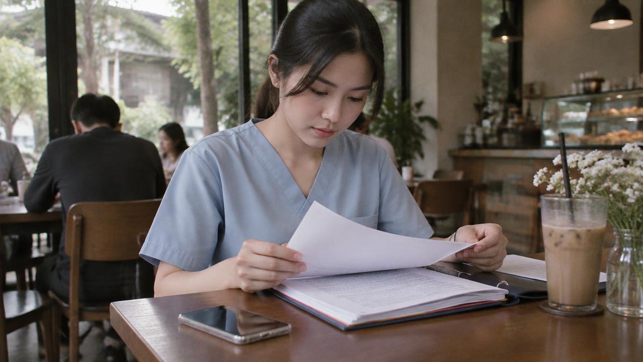 พยาบาลสาวในชุดสครับสีฟ้านั่งตรวจแฟ้มเอกสารในร้านกาแฟ