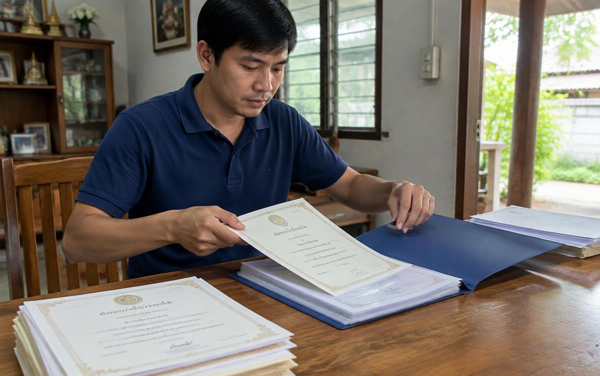 Thai technician filing training certificates at home