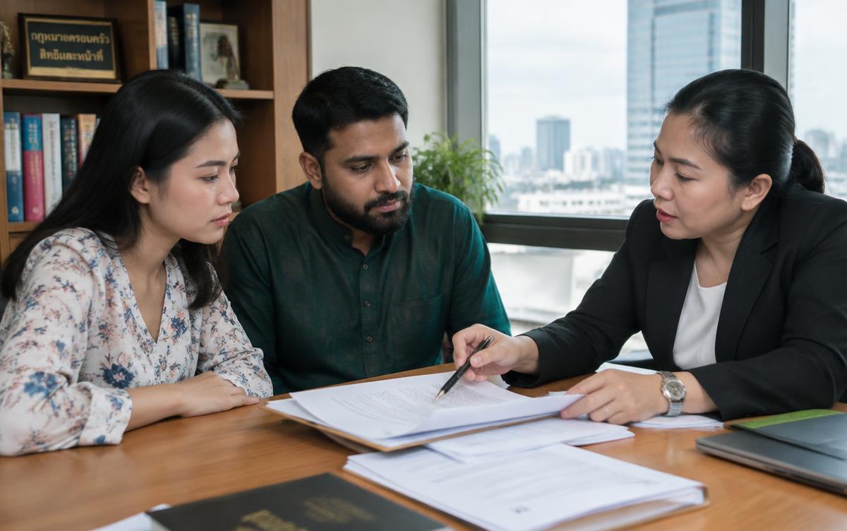 Thai woman and Pakistani husband reviewing family documents with a lawyer