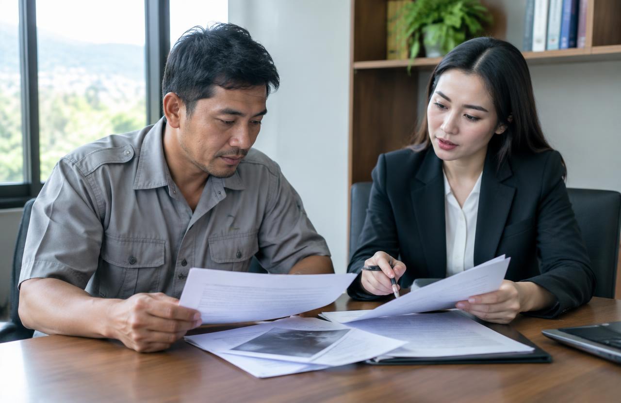 Thai mining technician reviewing employment documents with a lawyer