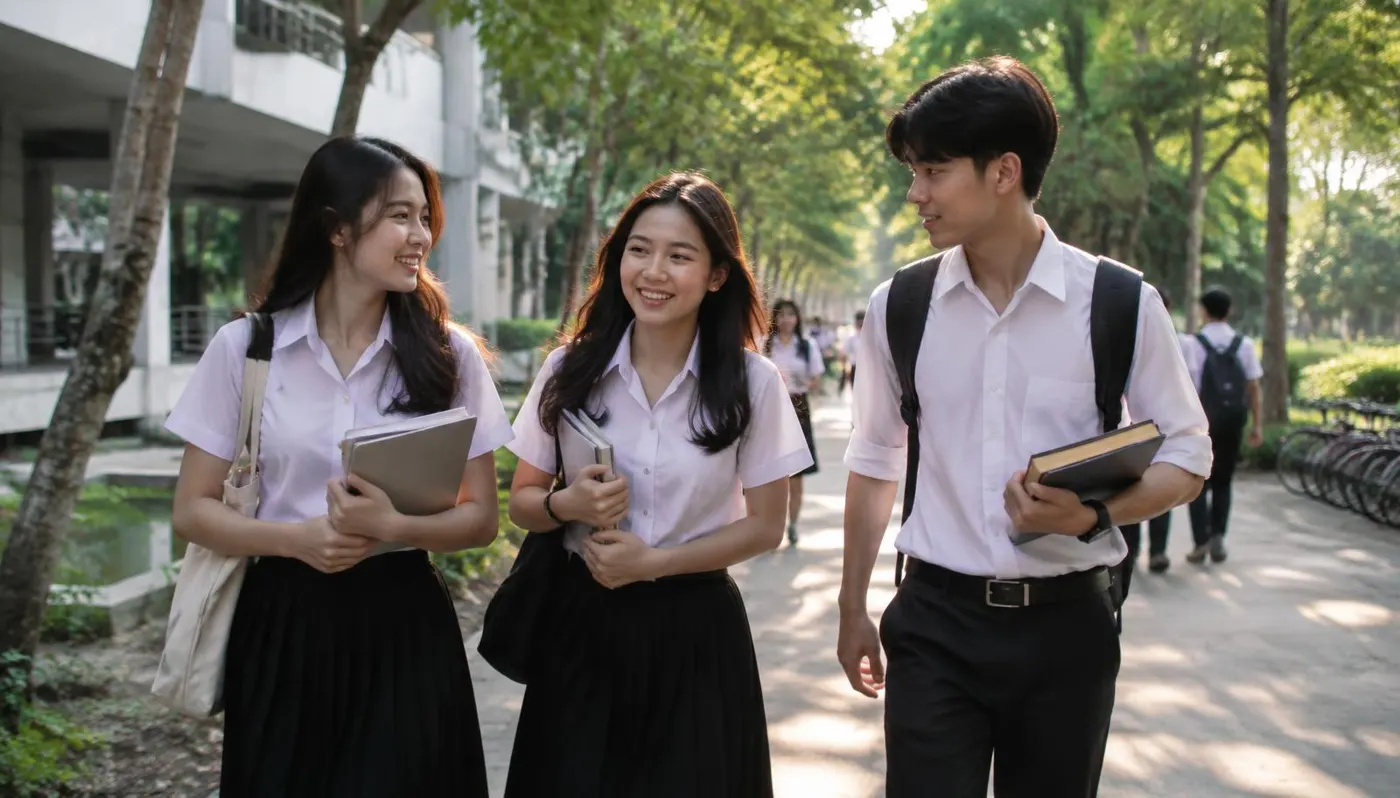 นักศึกษาในชุดนักศึกษาเดินถือหนังสือบนทางเดินในมหาวิทยาลัย