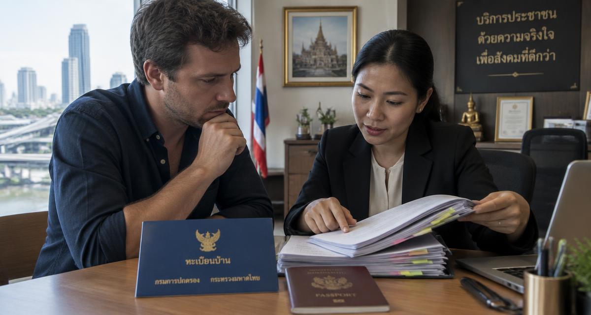 ที่ปรึกษาชาวไทยตรวจแฟ้มเอกสารคำขอถิ่นที่อยู่ถาวรพร้อมทะเบียนบ้านเล่มน้ำเงินและหนังสือเดินทางของผู้ยื่นชาวต่างชาติ