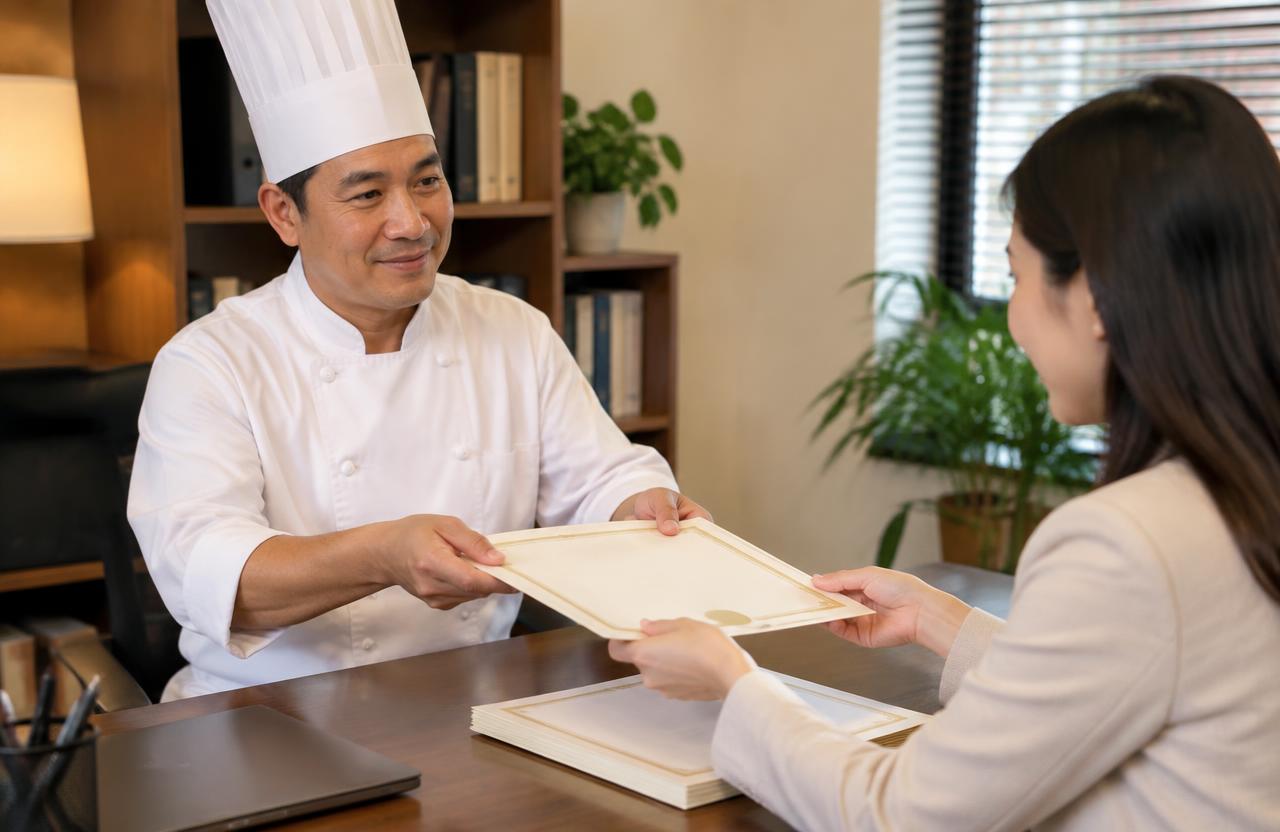 Thai chef handing culinary certificates to a translator