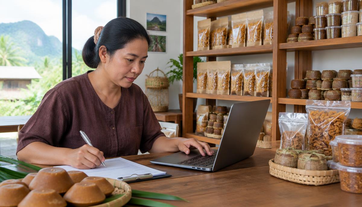 เจ้าของกิจการขนมและน้ำตาลโตนดในเพชรบุรีกรอกแบบฟอร์มบนแล็ปท็อป