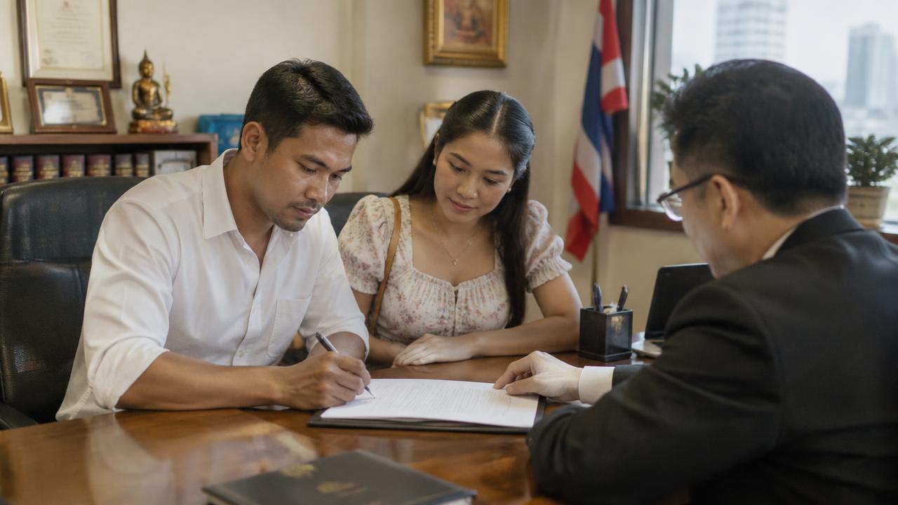 Thai-Filipino couple signing documents before a lawyer