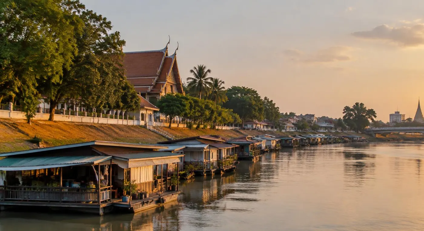เรือนแพเรียงริมแม่น้ำน่าน พิษณุโลก ยามเย็น