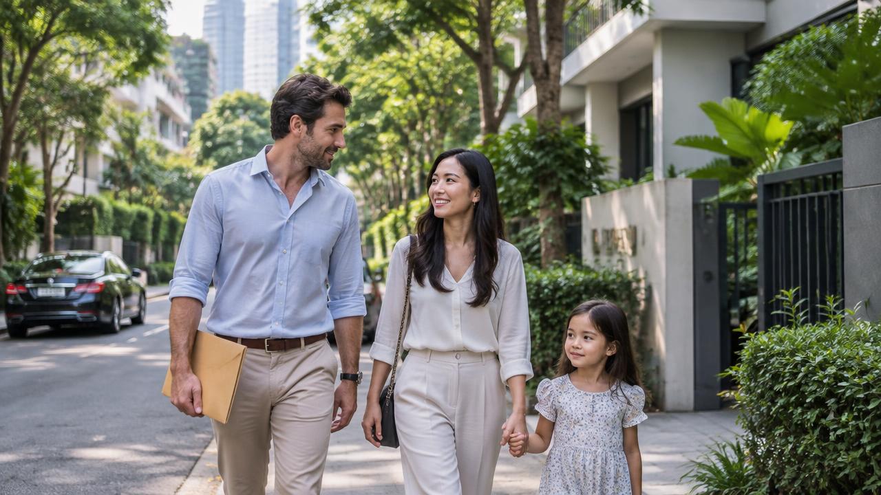 ครอบครัวไทยต่างชาติถือซองเอกสารเดินในย่านที่พักอาศัยพร้อมพงษ์