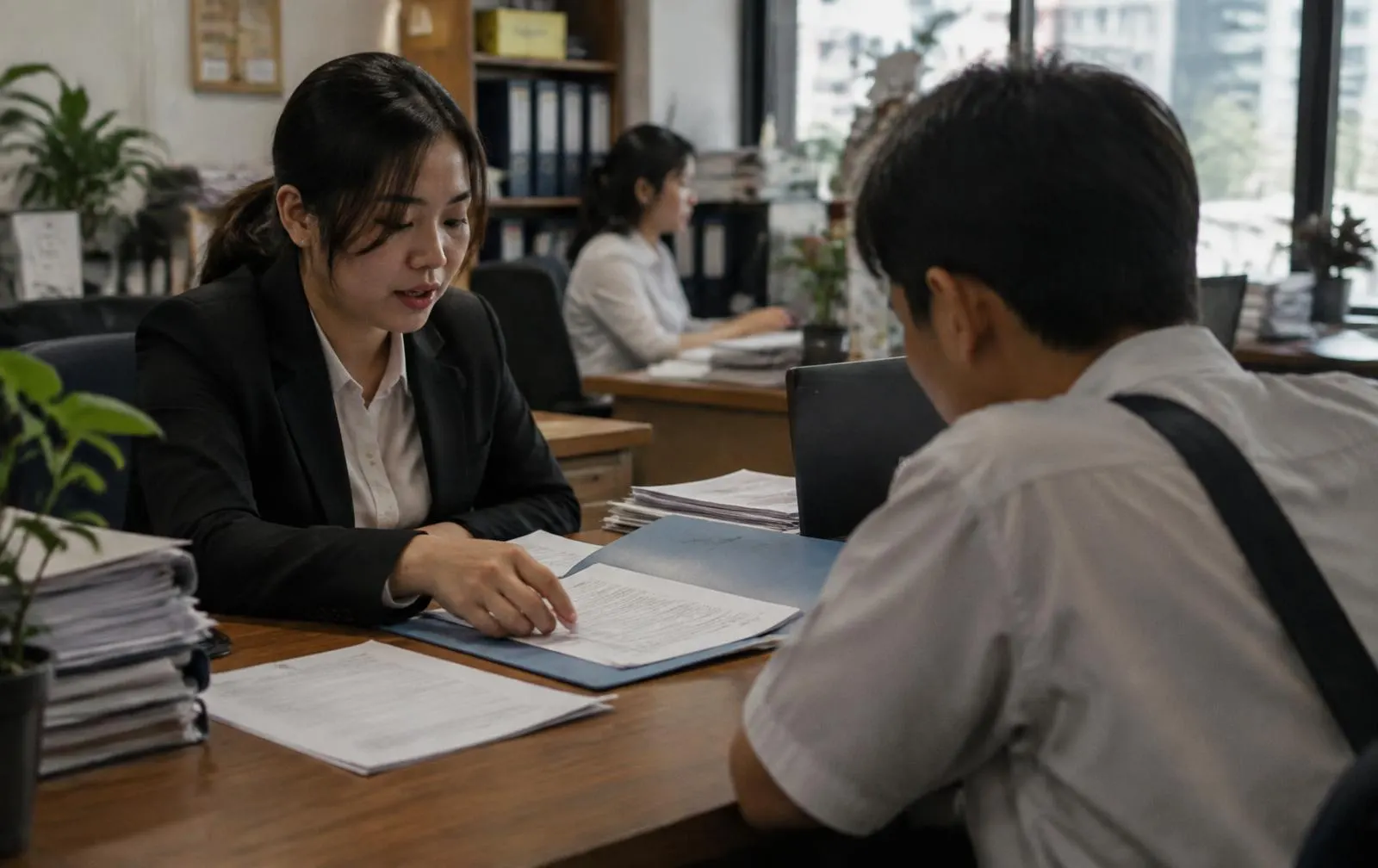 เจ้าหน้าที่ให้คำปรึกษาและตรวจเอกสารกับลูกค้าที่สำนักงาน