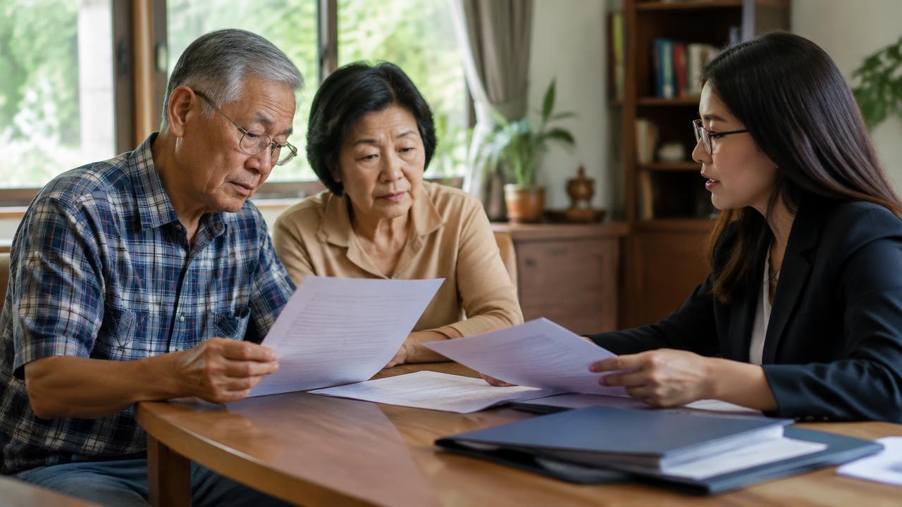Thai retired couple reviewing income and pension documents with a lawyer