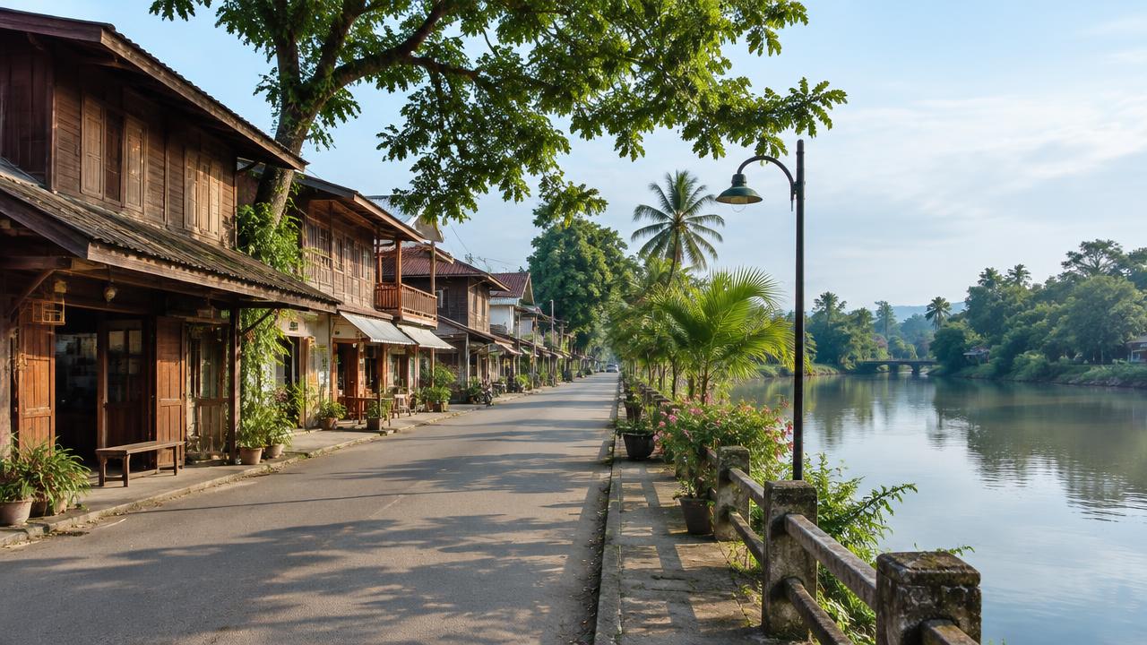 ถนนเลียบแม่น้ำในเมืองปราจีนบุรี มีเรือนไม้เก่าและต้นไม้ร่มรื่นยามเช้า