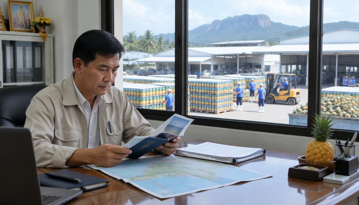 ผู้จัดการโรงงานสับปะรดกระป๋องในประจวบคีรีขันธ์อ่านเอกสารการเดินทาง มีลานโรงงานอยู่นอกหน้าต่าง
