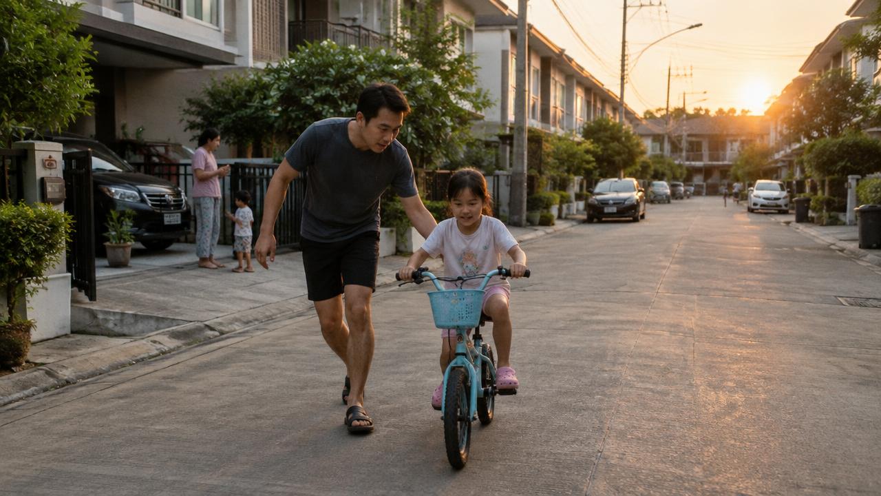 พ่อช่วยลูกสาวหัดขี่จักรยานในถนนหมู่บ้าน ยามเย็น