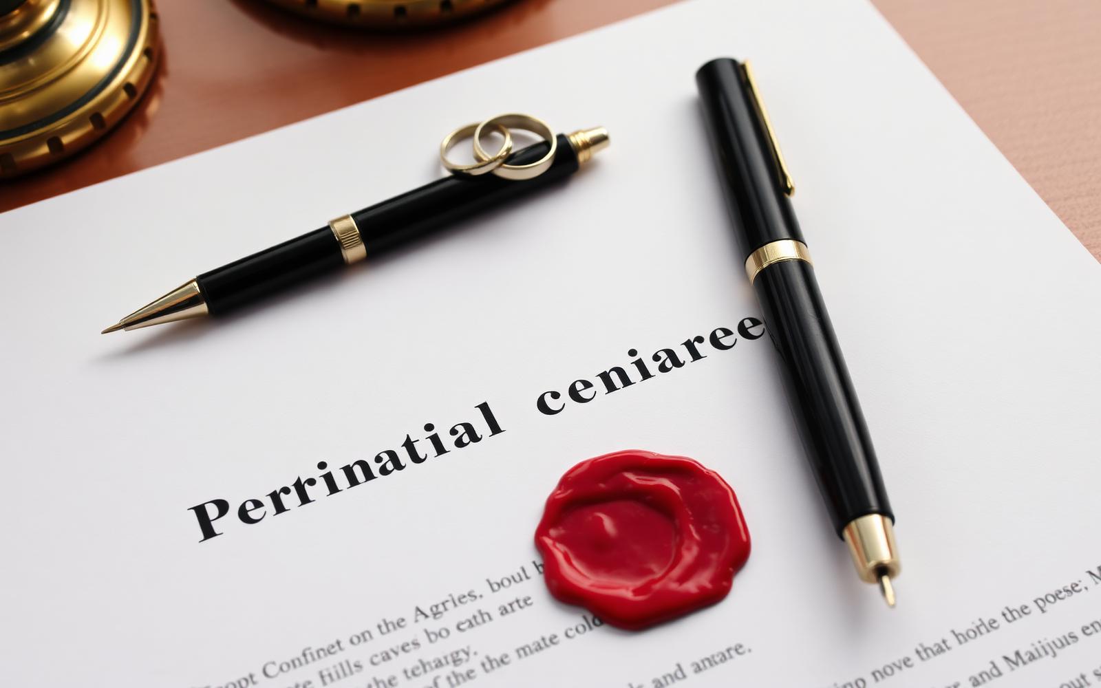 สัญญาก่อนสมรส (Prenuptial Agreement) พร้อมแหวนแต่งงานคู่ ปากกาสองด้าม และตราครั่งแดง
