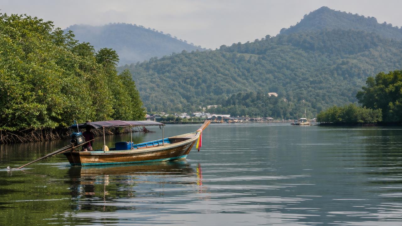 เรือหางยาวแล่นบนปากแม่น้ำระนองที่มีป่าชายเลนหนาทึบ ฉากหลังเป็นภูเขาเขียวในหมอกบาง
