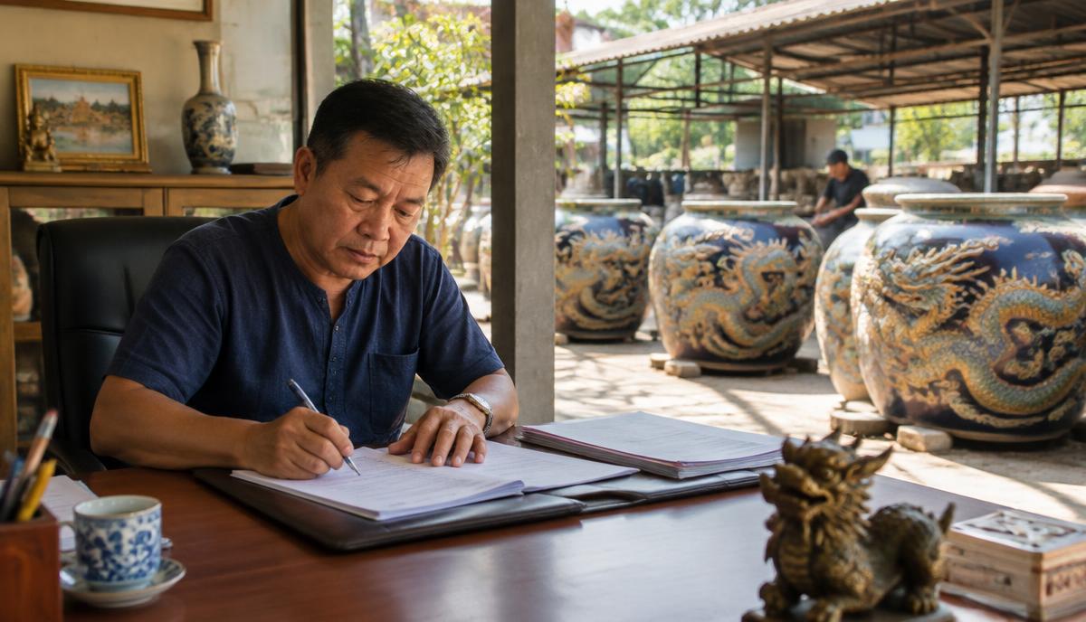 เจ้าของโรงงานโอ่งมังกรในราชบุรีลงนามเอกสาร มีโอ่งเคลือบลายมังกรวางอยู่ด้านนอก